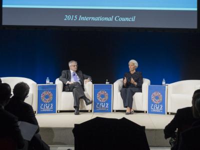 Christine Lagarde and Jean-Claude Trichet at the 2015 International Council in Lima, Peru