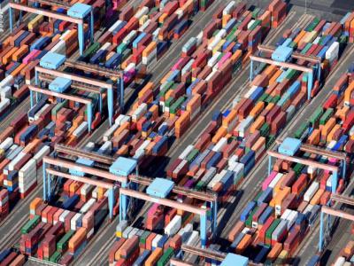 Aerial view of containers at a loading terminal in the port of Hamburg, Germany August 1, 2018. REUTERS/Fabian Bimmer